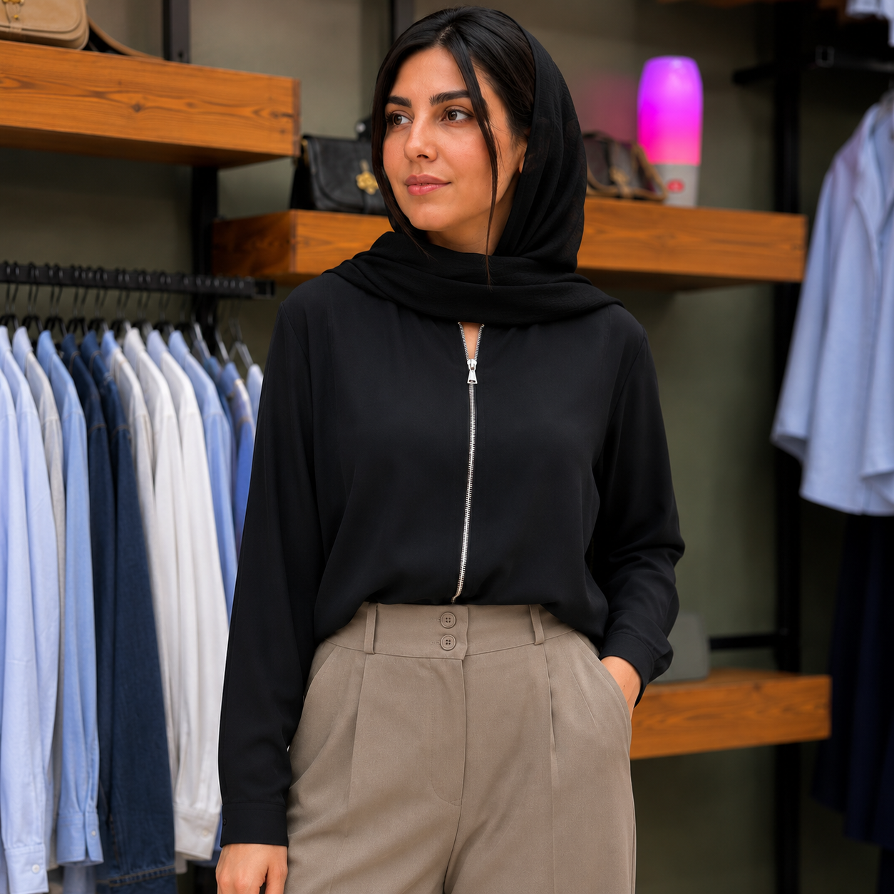 شومیز زنانه دو تیکه جلو زیپ مدل بامبر